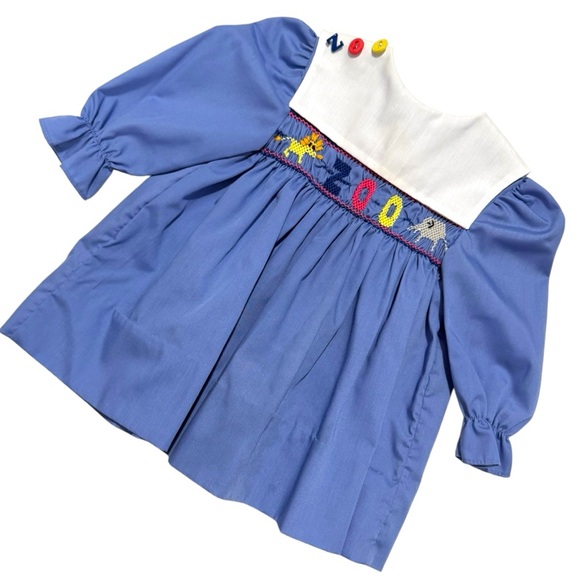 Vintage Polly Flinders Zoo Smocked Dress 24M Blue Animals Peter Pan Collar - Picture 1 of 7